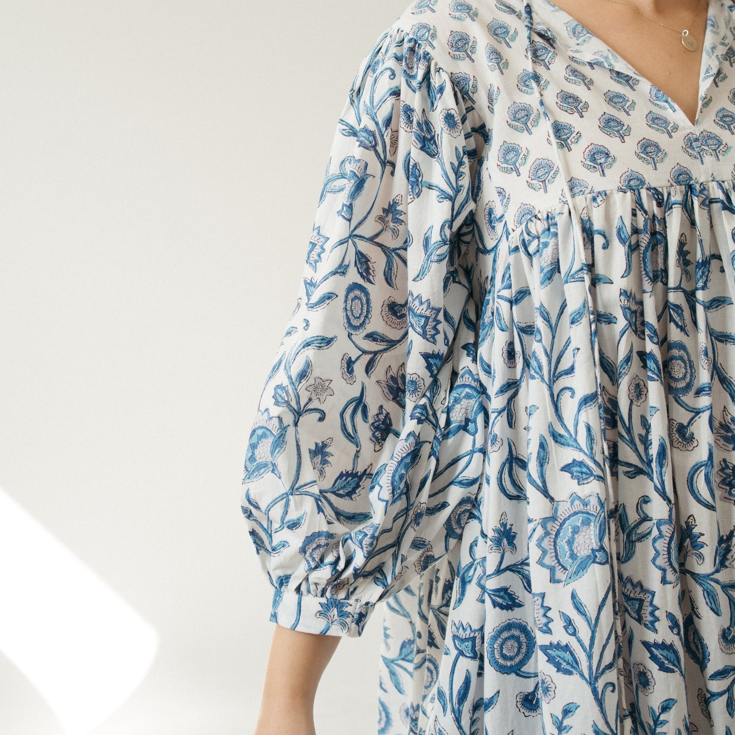 POKOLOKO Mira Midi Dress #color_neema-blue-white-with-nilima-front-panel