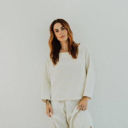POKOLOKO Crinkle Long Sleeve Boat Top #color_crinkle-cream