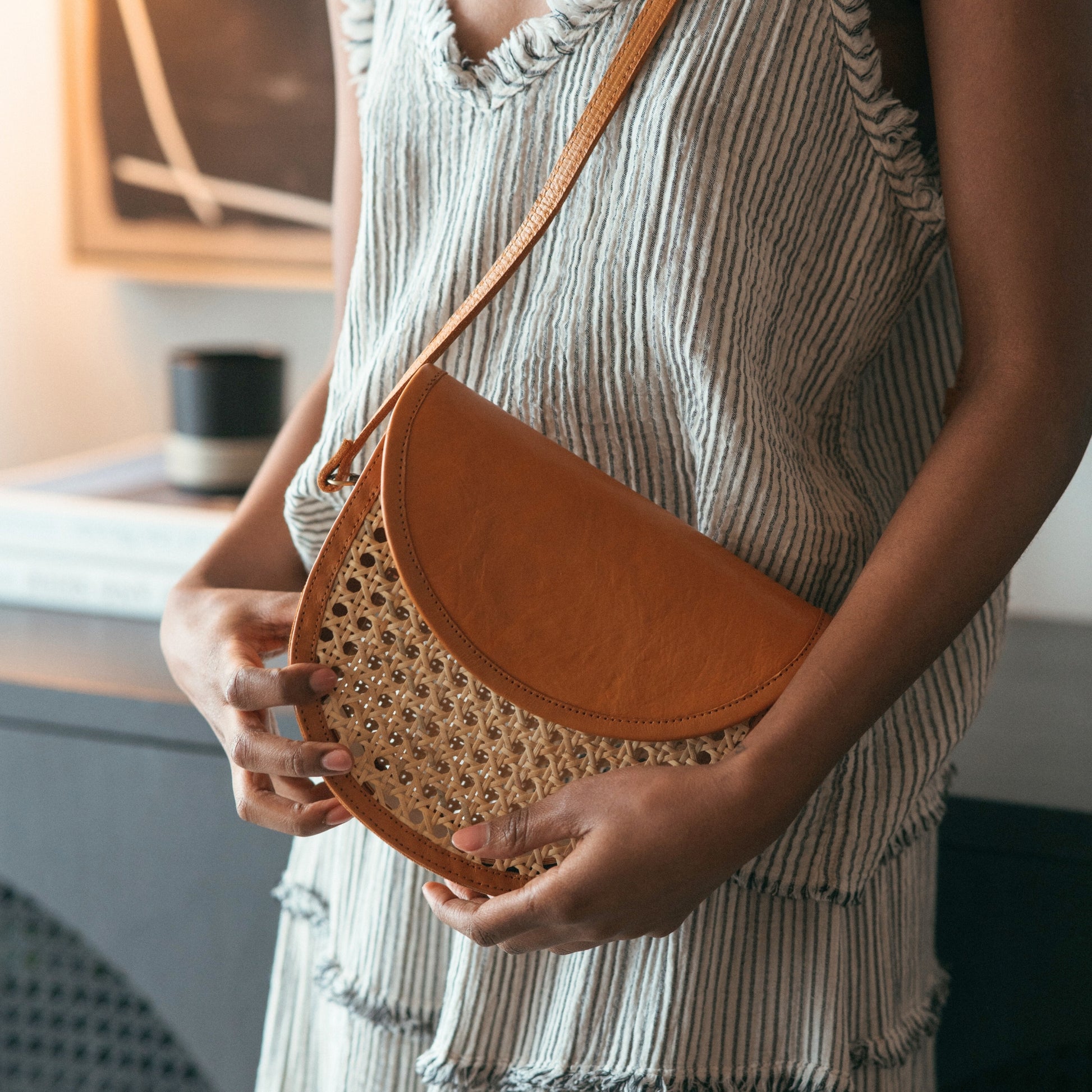 POKOLOKO Leather Bag with Cane Accent - Half Moon #color_caramel-leather
