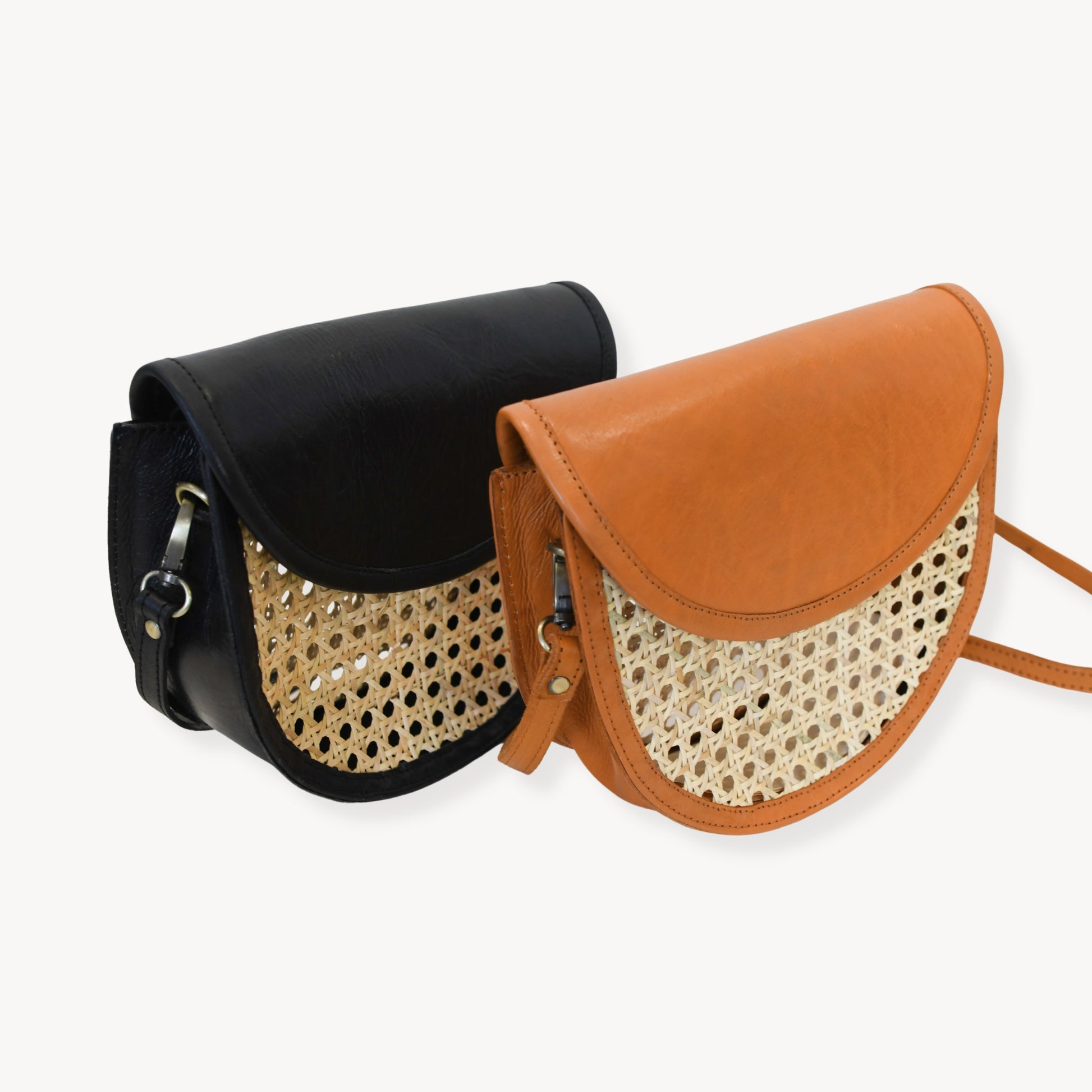 POKOLOKO Leather Bag with Cane Accent - Half Moon #color_caramel-leather