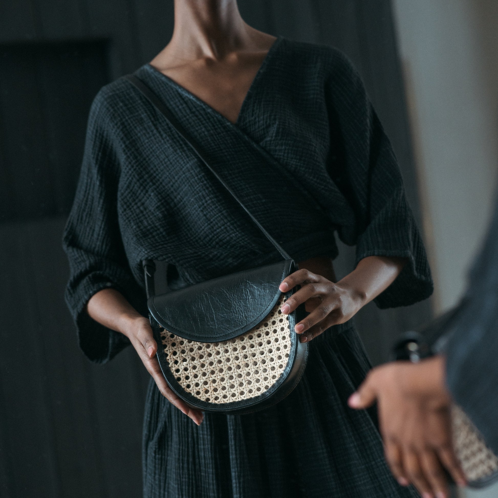 POKOLOKO Leather Bag with Cane Accent - Half Moon #color_black-leather