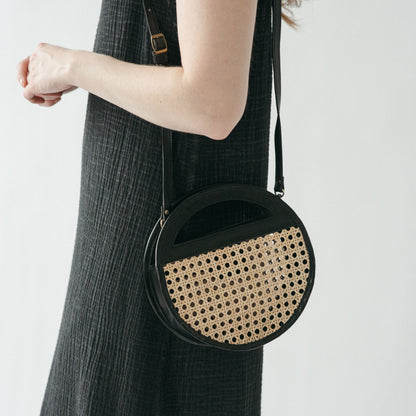 POKOLOKO Round Leather Bag with Cane Accent #color_black