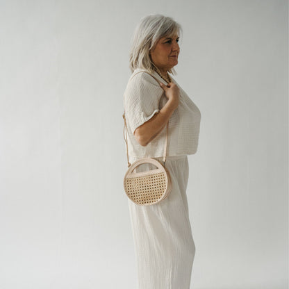 POKOLOKO Round Leather Bag with Cane Accent #color_cream