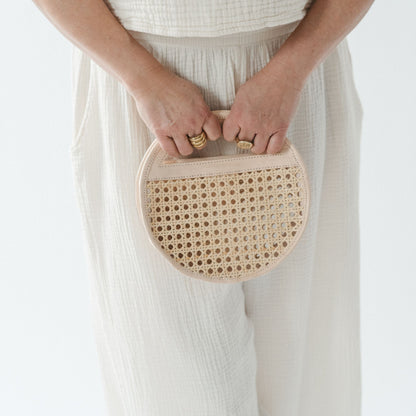 Round Leather Bag with Cane Accent