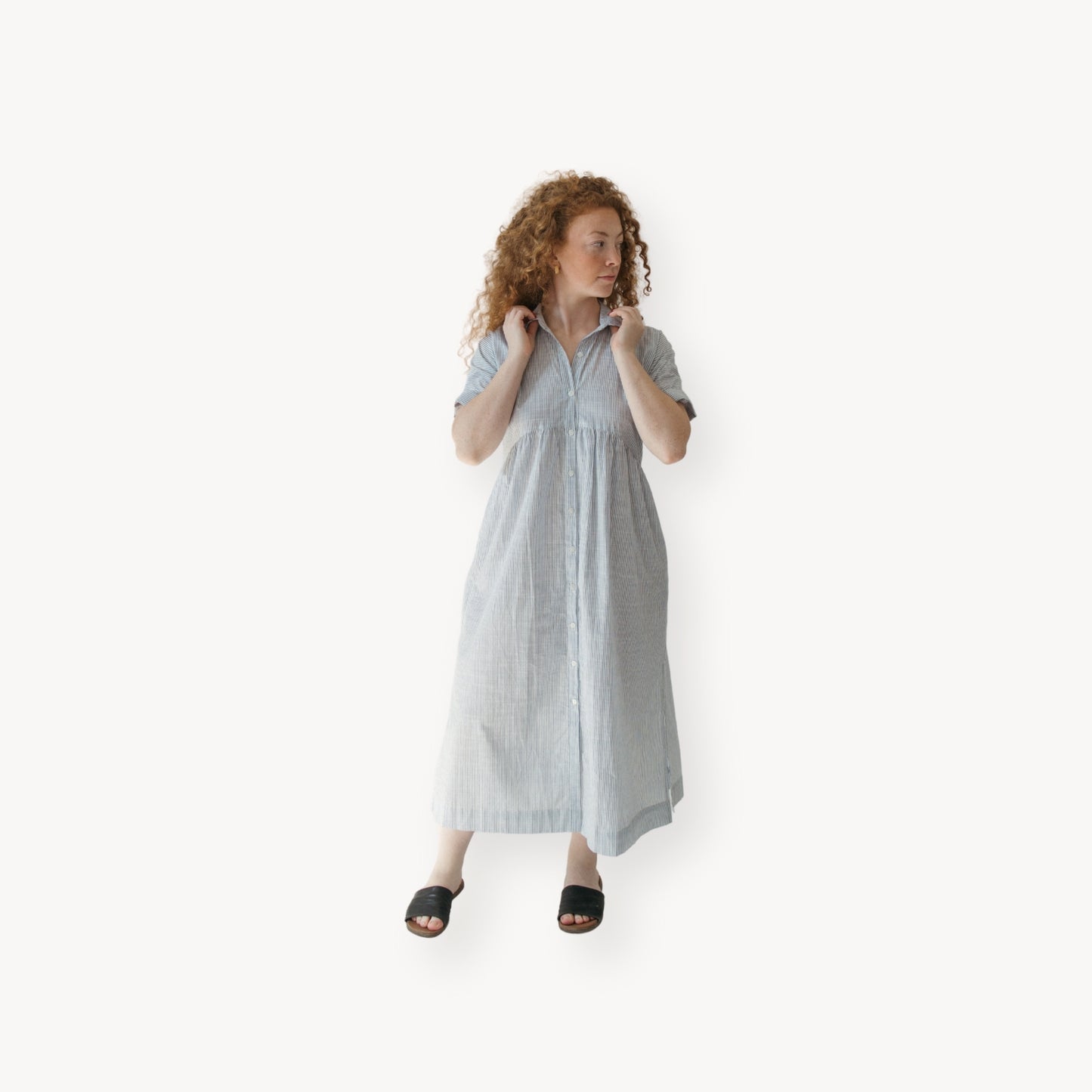 POKOLOKO Collared Button Shirt Dress #color_navy-stripe