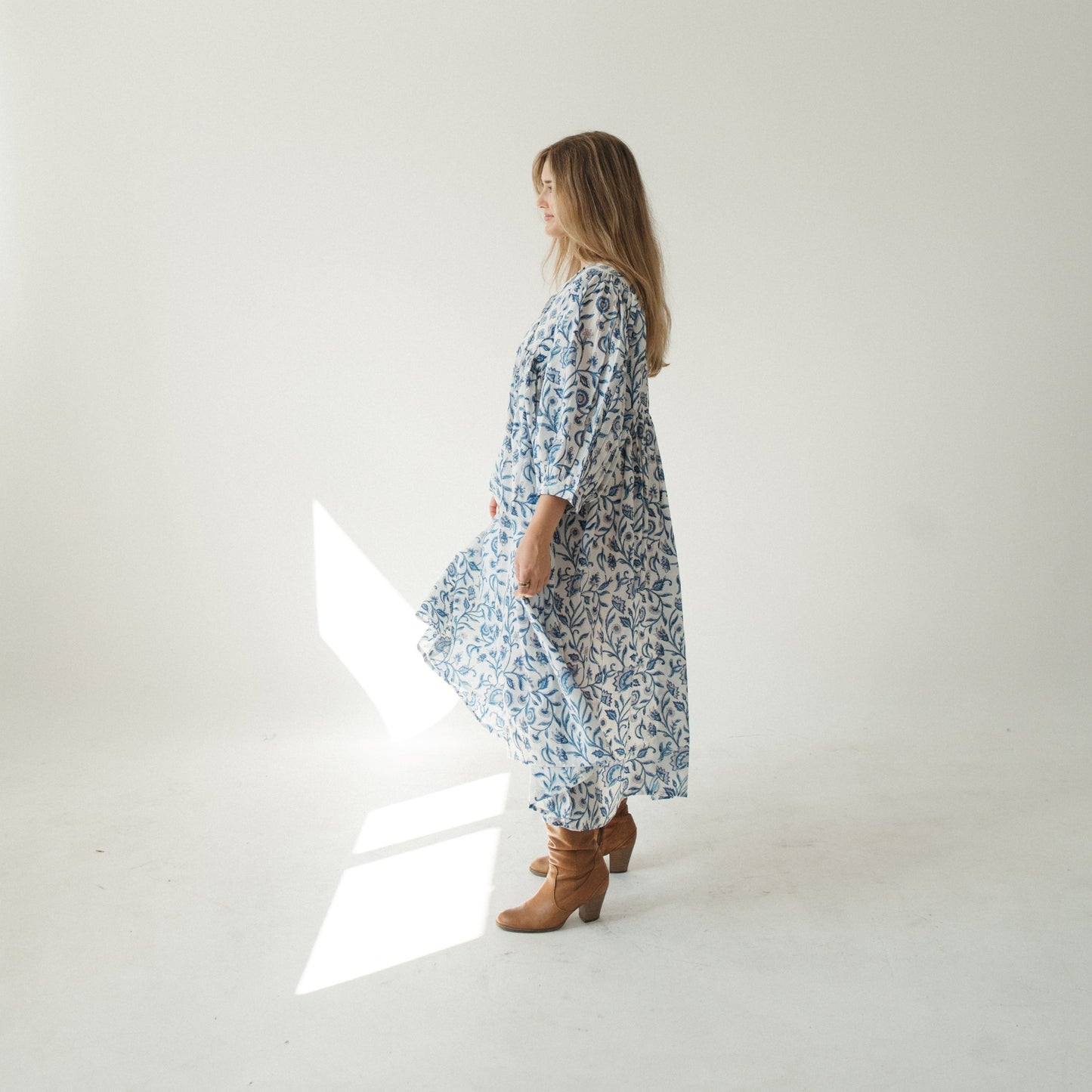 POKOLOKO Mira Midi Dress #color_neema-blue-white-with-nilima-front-panel