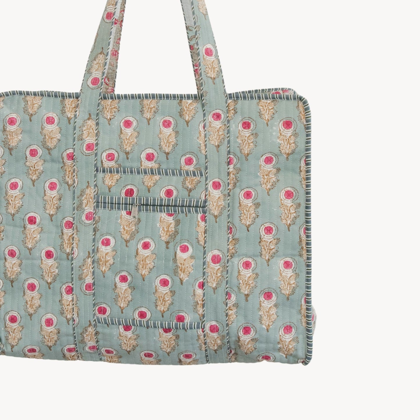 Teal Pink Bloom Block Print Tote