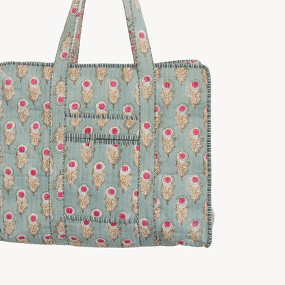 Teal Pink Bloom Block Print Tote