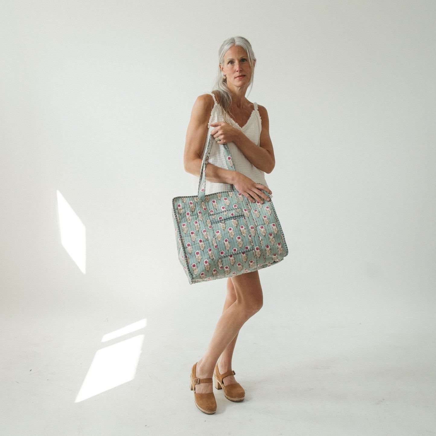 Teal Pink Bloom Block Print Tote