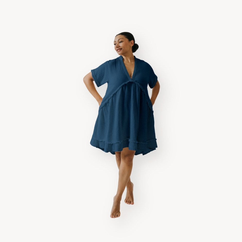 POKOLOKO Crinkle Ruffled V Dress #color_crinkle-denim