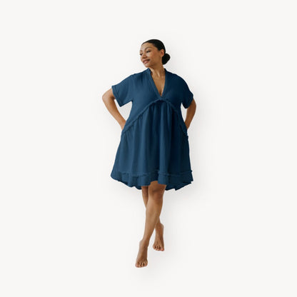 POKOLOKO Crinkle Ruffled V Dress #color_crinkle-denim
