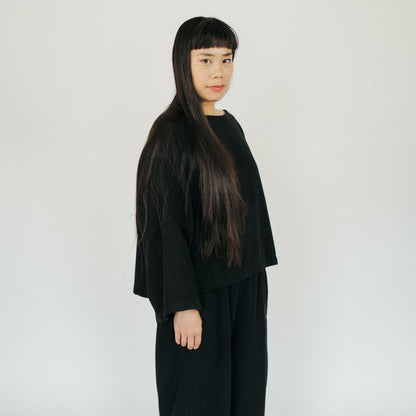 POKOLOKO Loft Cotton Crop Bell Sleeve Top #color_loft-black