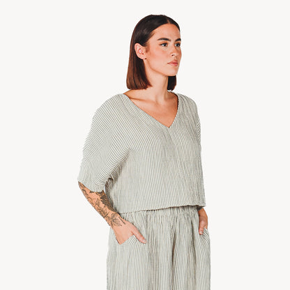 POKOLOKO Striped Crinkle Cotton Crop Top #color_striped-charcoal
