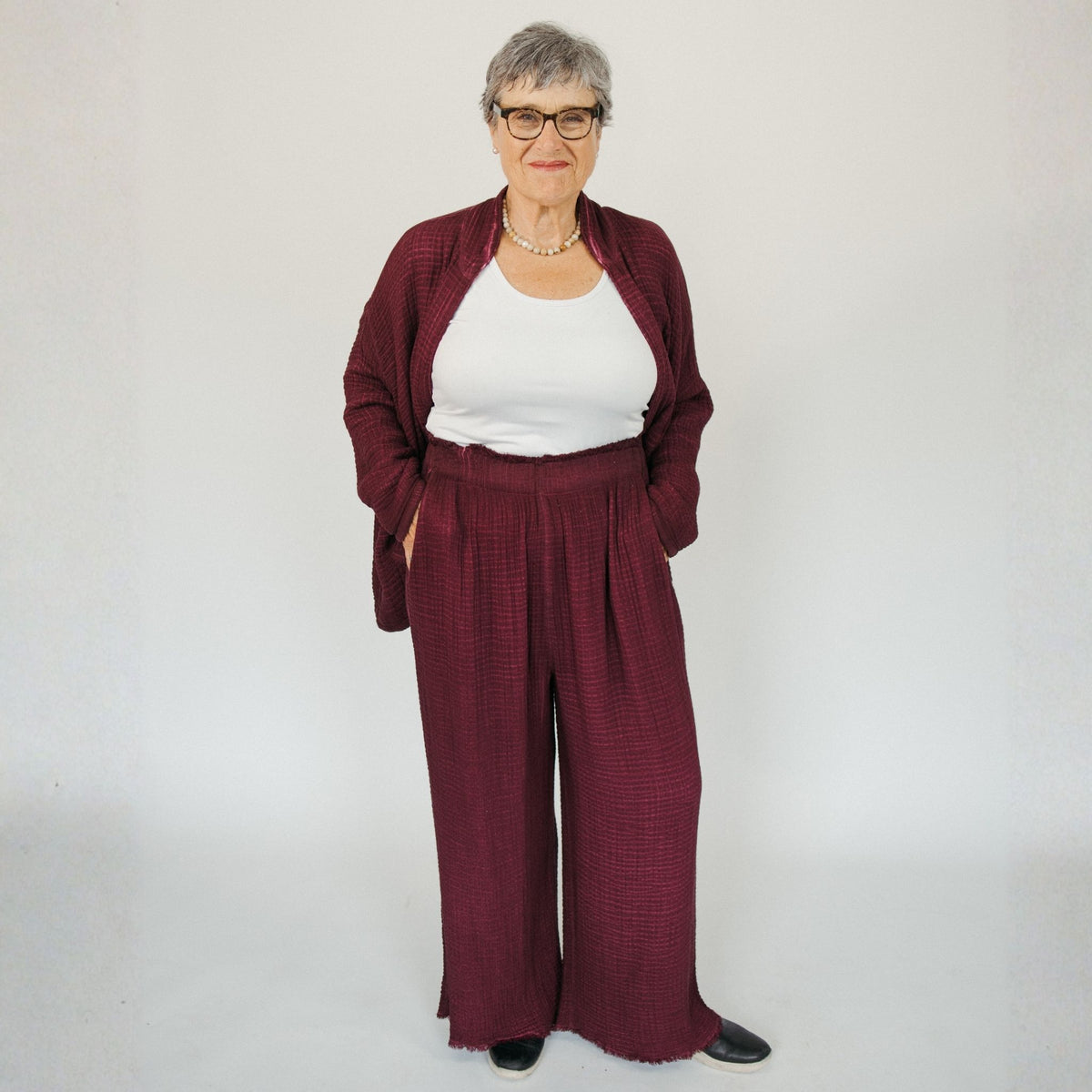 POKOLOKO 4-Layer Crinkle Palazzo Pants #color_crinkle-cranberry
