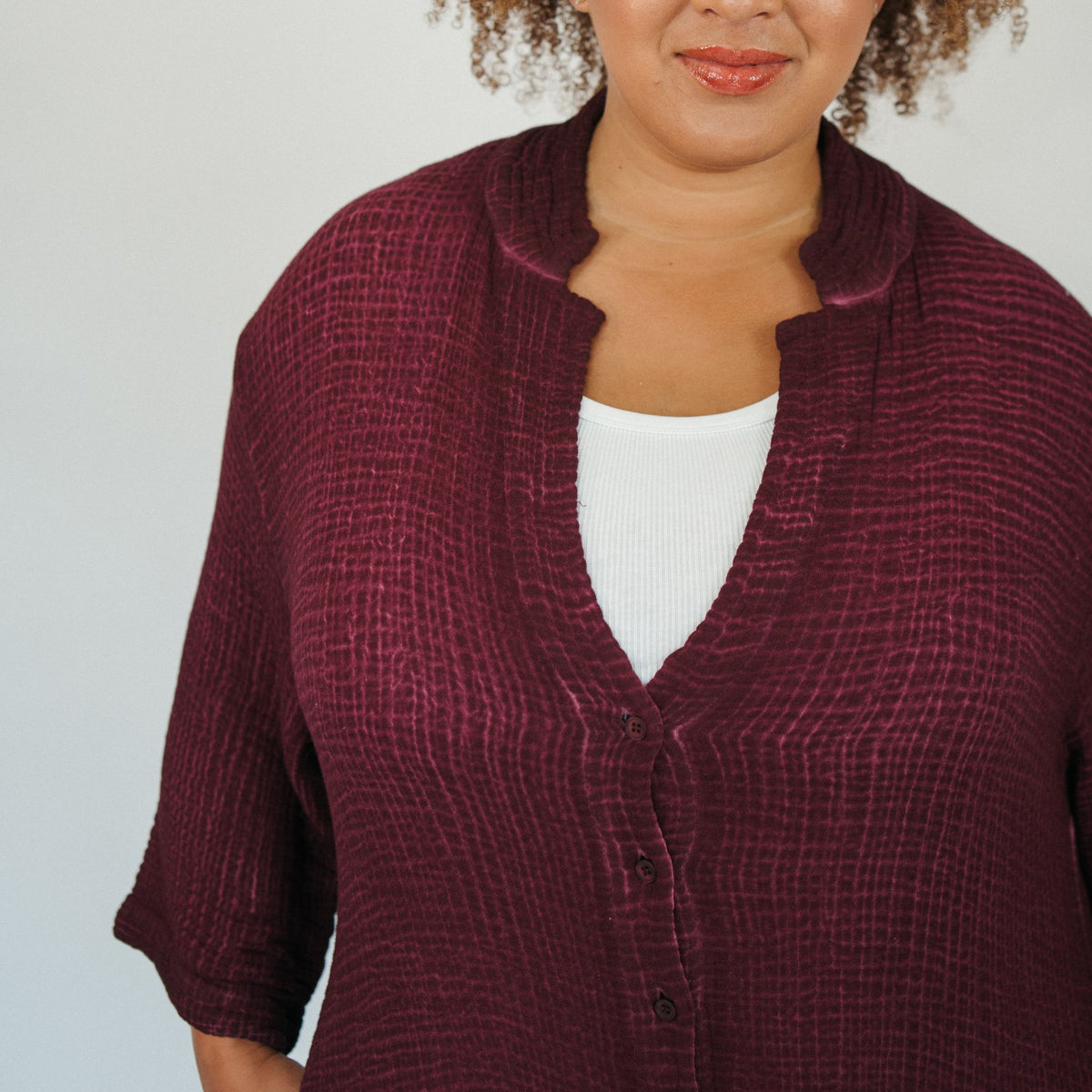POKOLOKO 4-Layer Crinkle Shirt Dress with Buttons #color_crinkle-cranberry