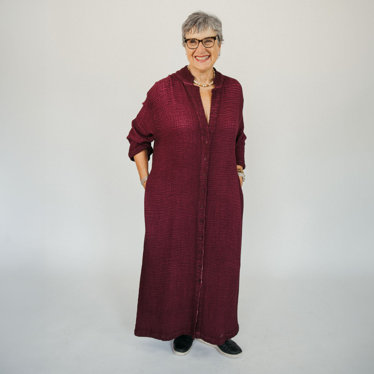 POKOLOKO 4-Layer Crinkle Shirt Dress with Buttons #color_crinkle-cranberry