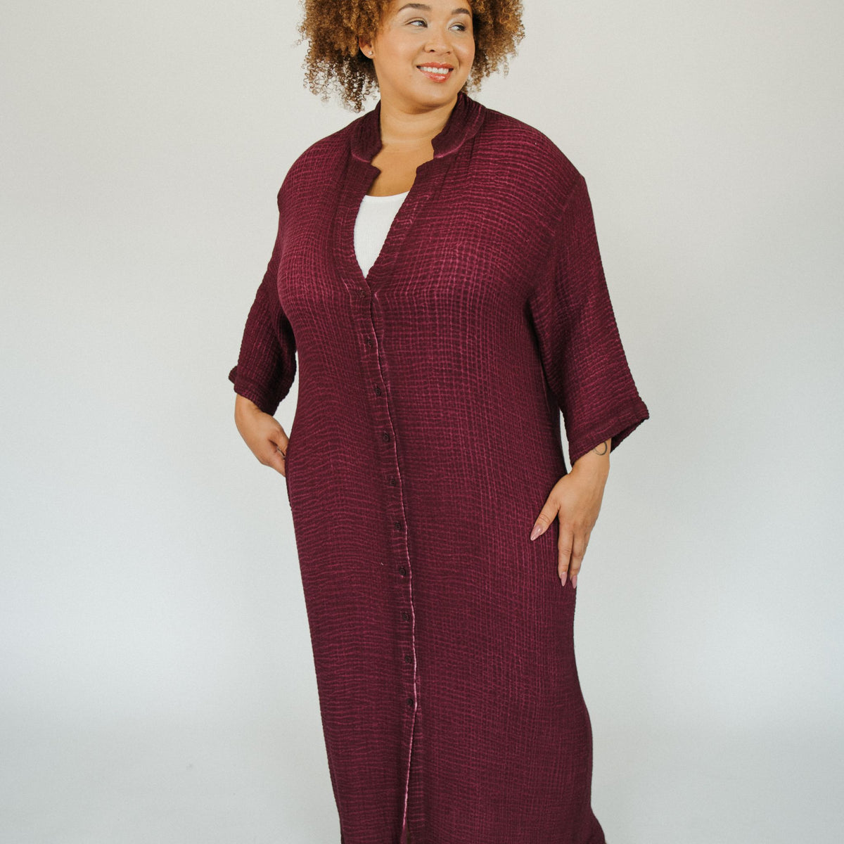 POKOLOKO 4-Layer Crinkle Shirt Dress with Buttons #color_crinkle-cranberry