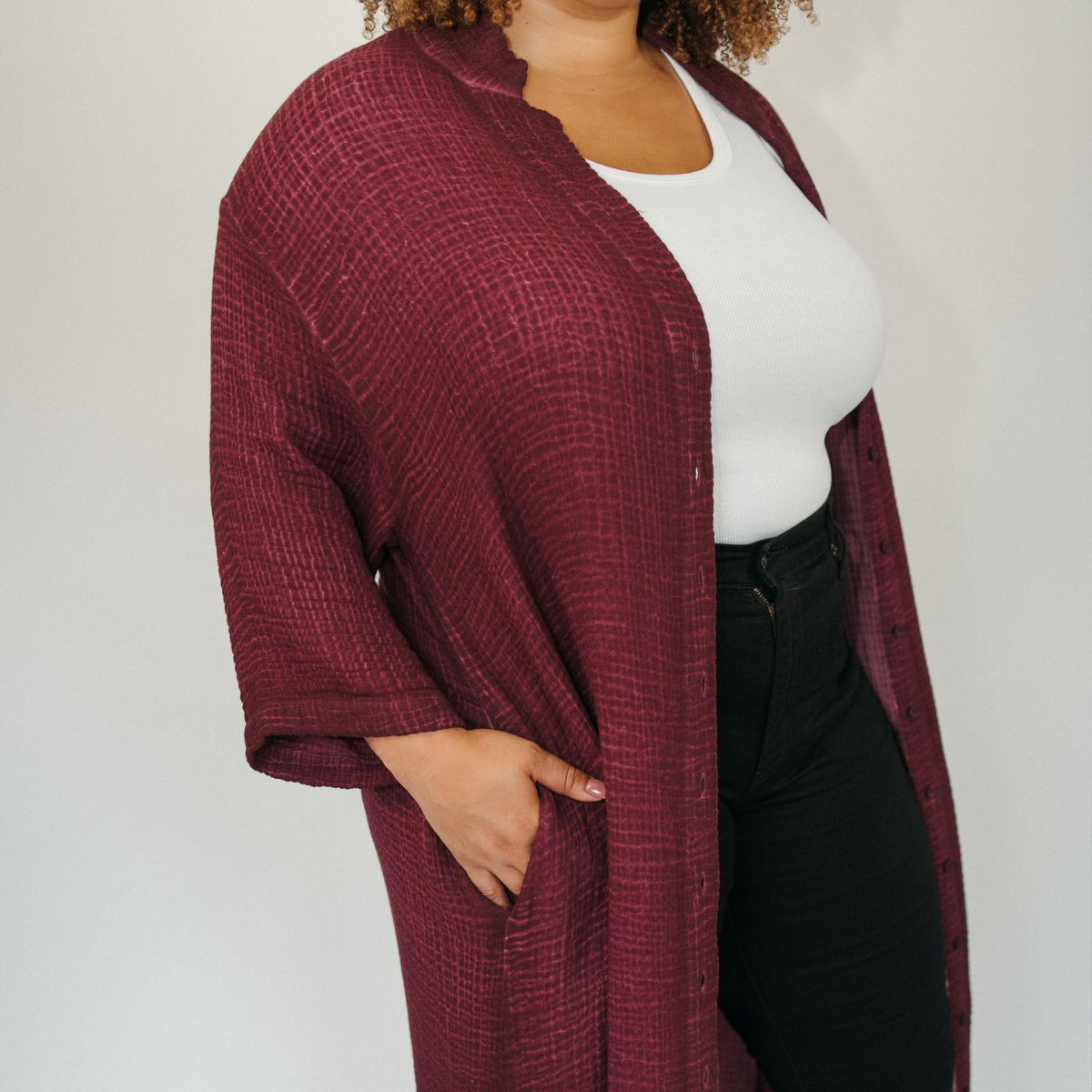 POKOLOKO 4-Layer Crinkle Shirt Dress with Buttons #color_crinkle-cranberry