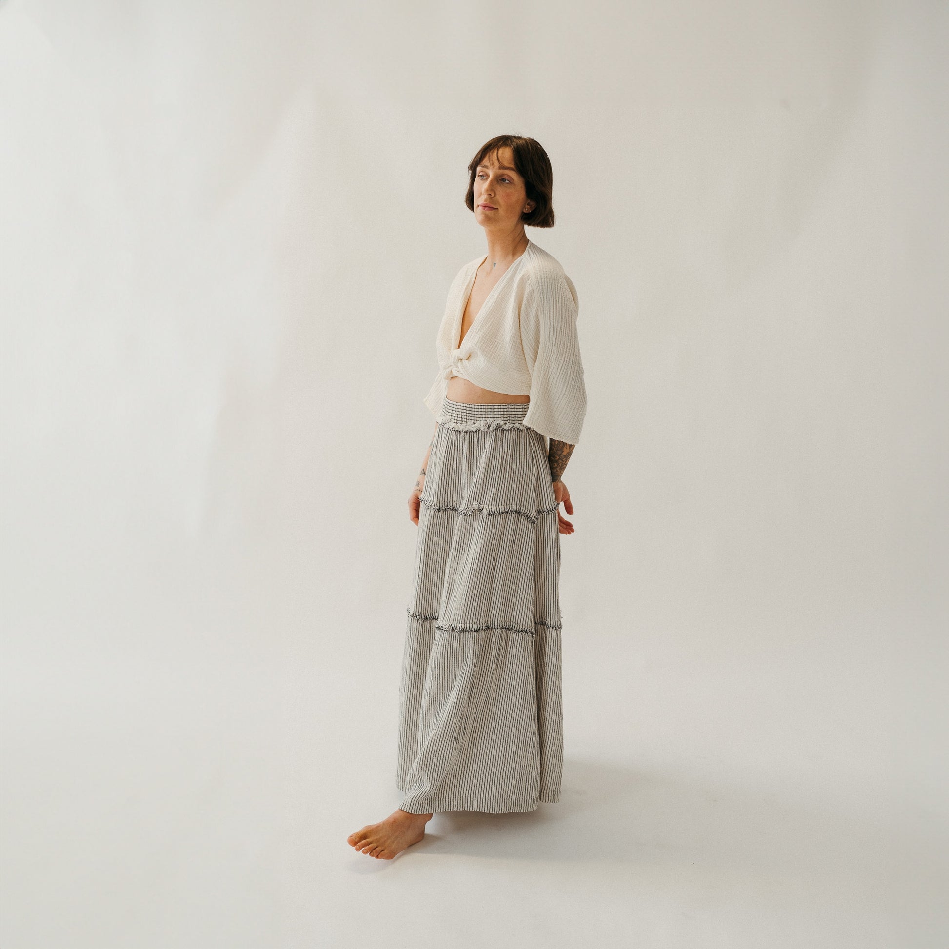 POKOLOKO Striped Crinkle Cotton Ruffle Skirt