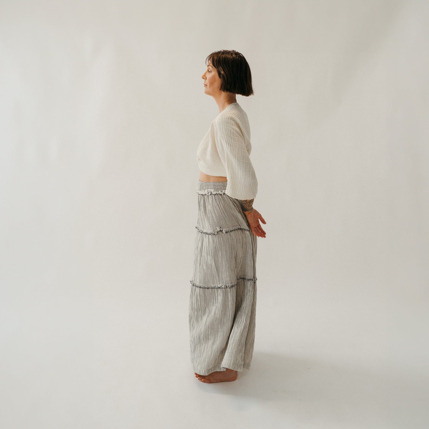 POKOLOKO Striped Crinkle Cotton Ruffle Skirt
