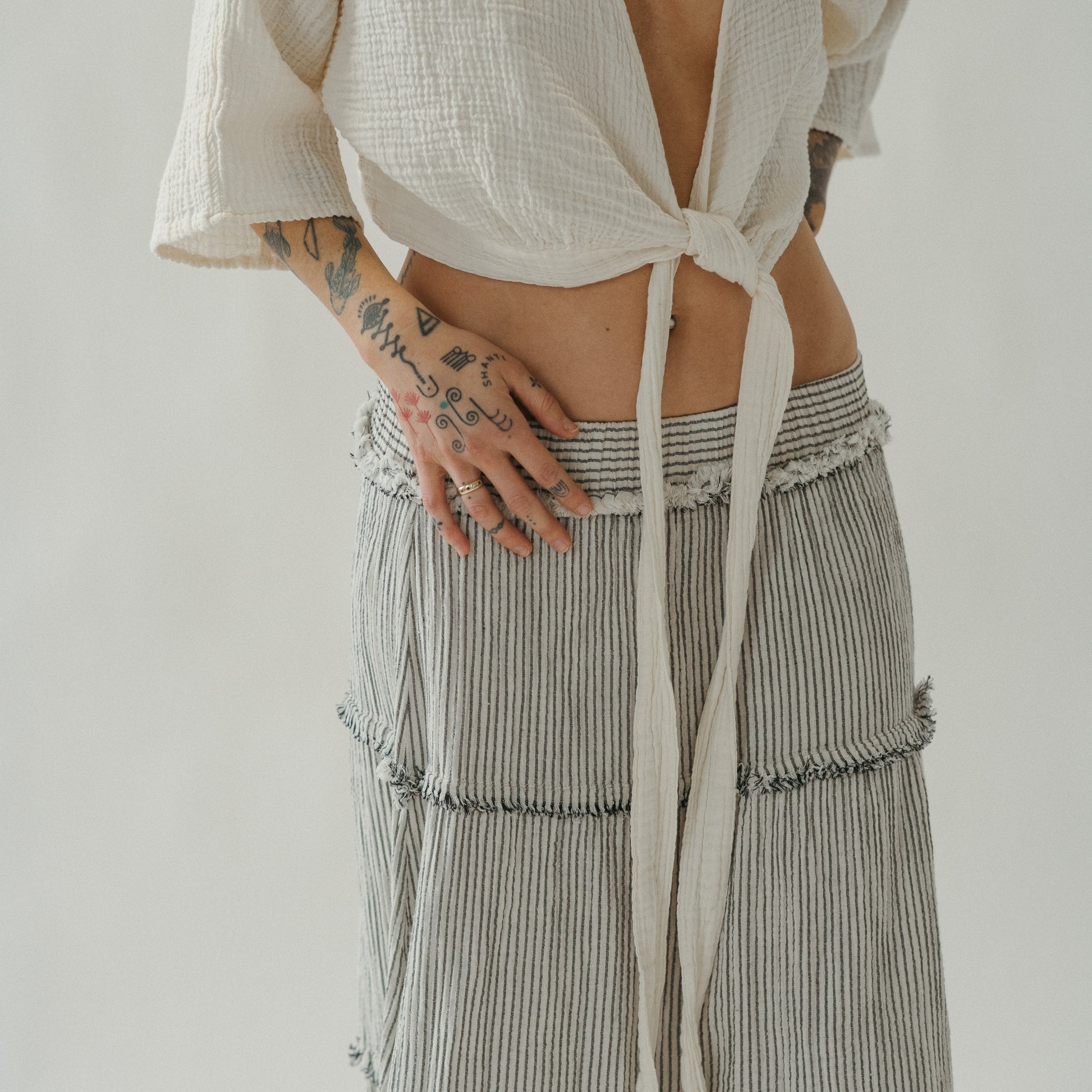 POKOLOKO Striped Crinkle Cotton Ruffle Skirt