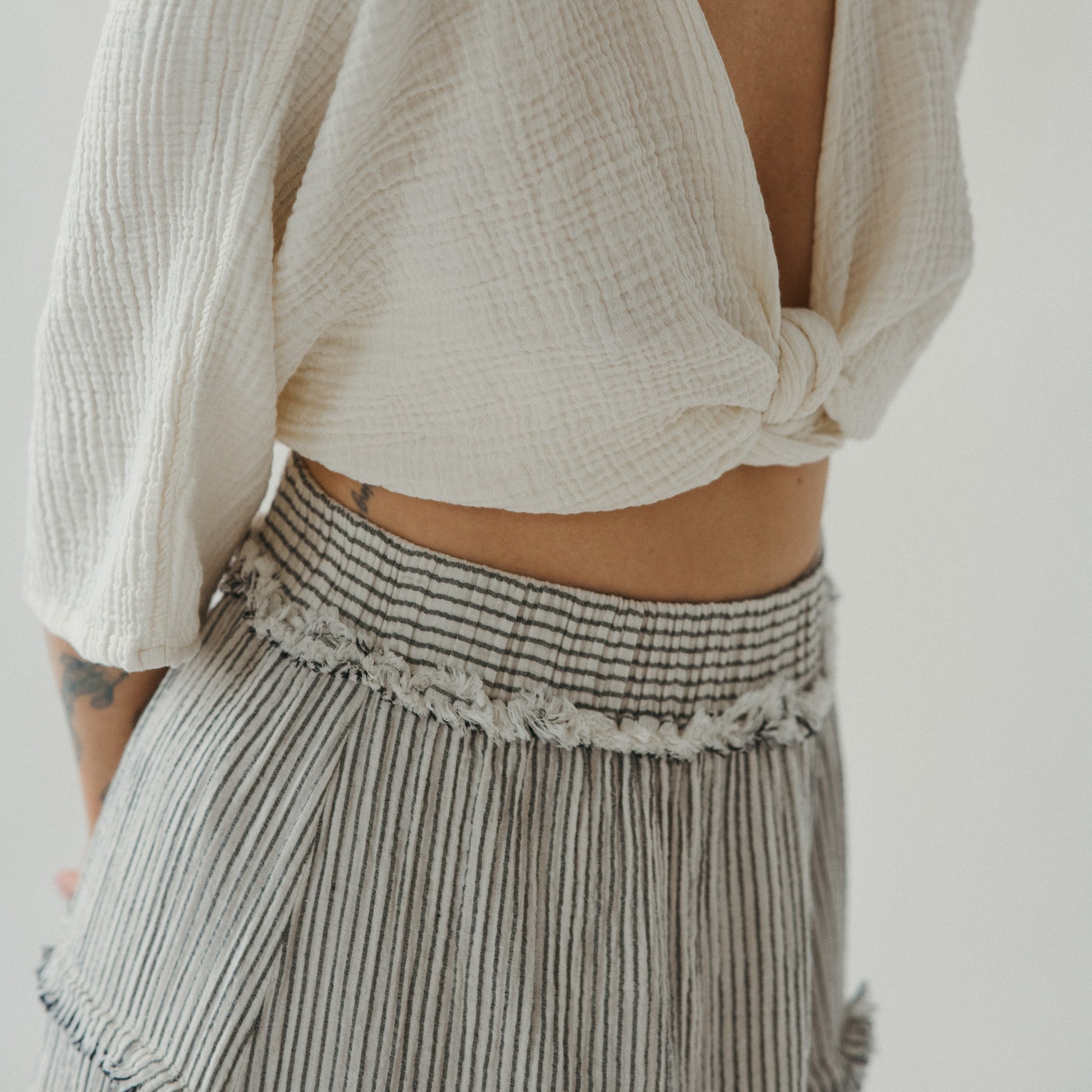 POKOLOKO Striped Crinkle Cotton Ruffle Skirt