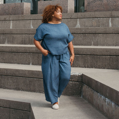 POKOLOKO Crinkle Drawstring Palazzo Pants Plus #color_crinkle-denim
