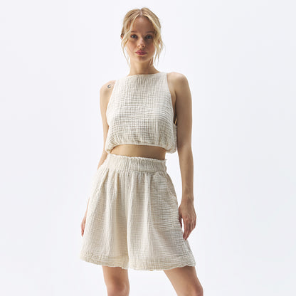 POKOLOKO Crinkle Relaxed Shorts #color_crinkle-cream