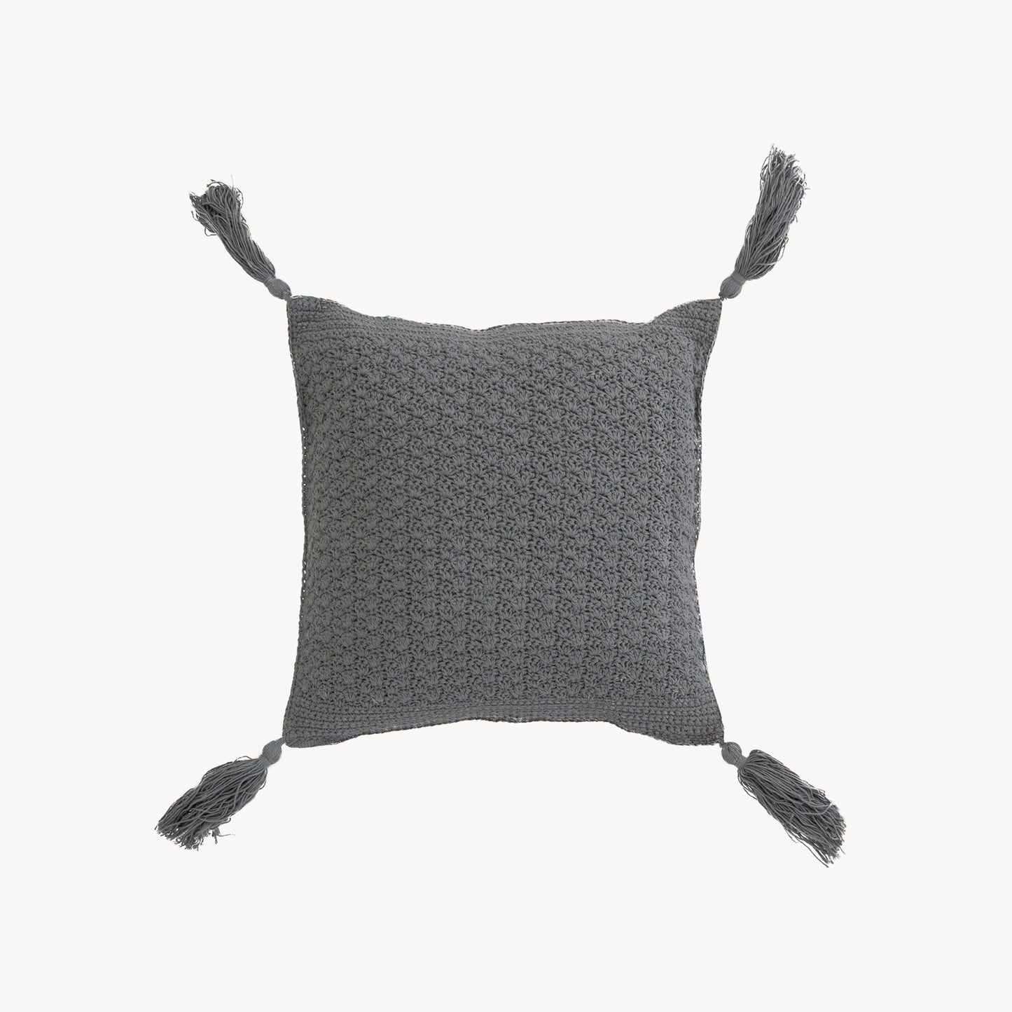 POKOLOKO Crochet Pillow With Tassels - 15x15" #color_crochet-grey