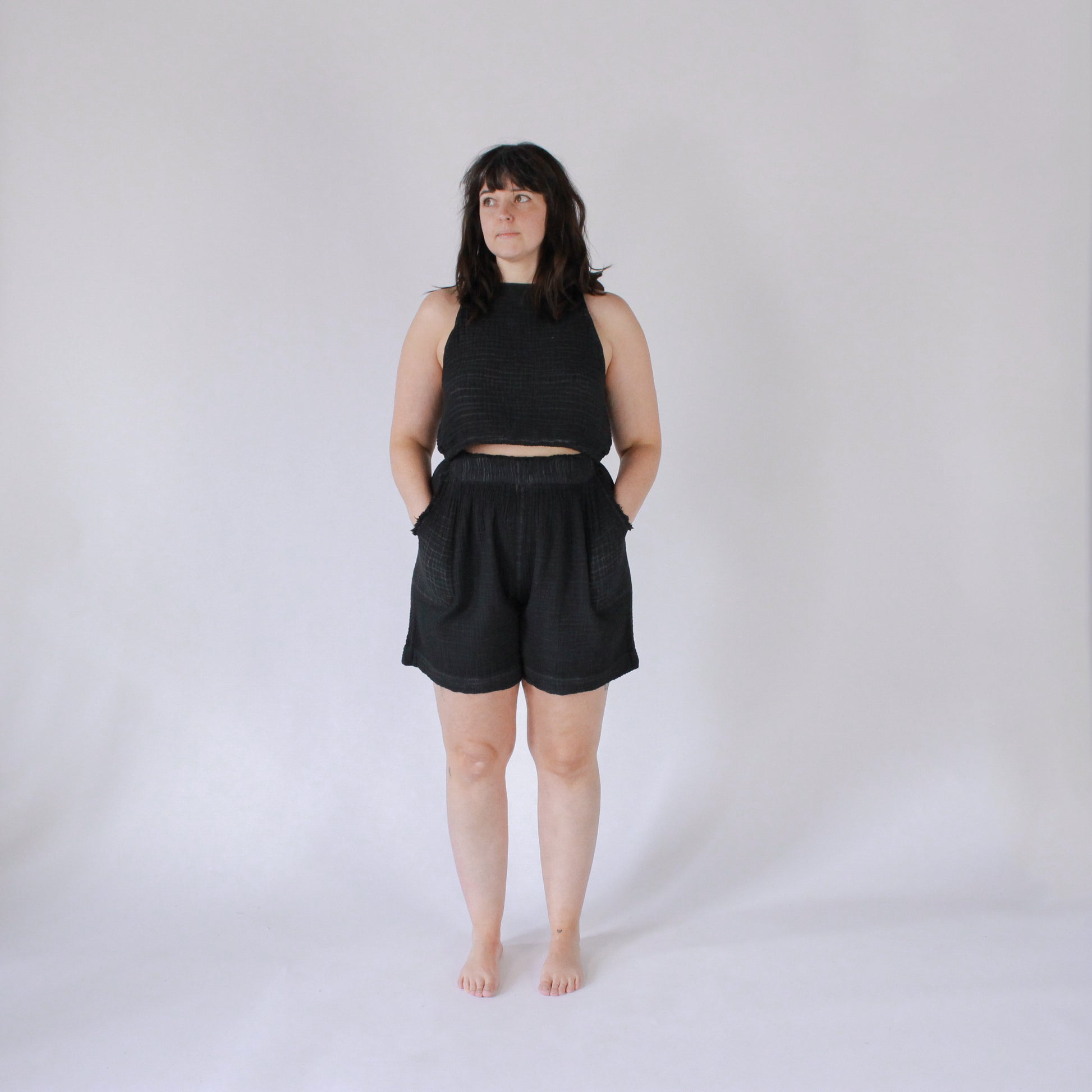 POKOLOKO Crinkle Relaxed Shorts #color_crinkle-black
